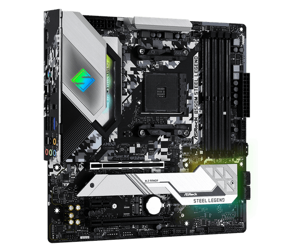 AMD B550; 4 DDR4; PCIe 4.0 x16, PCIe 3.0 x16, PCIe 3.0 x1, M.2 WiFi Key E; 6 SATA3, Hyper M.2 (PCIe), M.2 (PCIe); 10 USB 3.2; Graphics: HDMI, DP