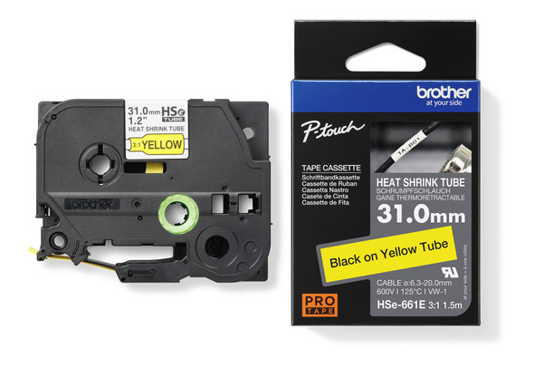 Brother HSe661E Labelling Tape Heat Shrink 31mm Blk on yellow