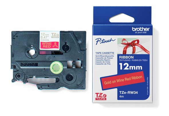 Brother TZeRW54 Labelling Tape 24MM Gold on Wine Red Tape