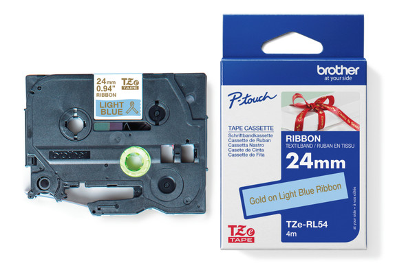 Brother TZeRL54 Labelling Tape 24mm Gold on Light Blue Tape
