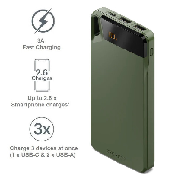 Cygnett ChargeUp Boost 4th Gen 10K mAh Power Bank-Green(CY4746PBCHE)Triple Port(Dual USB-A 15W+1xUSB-C 15W)