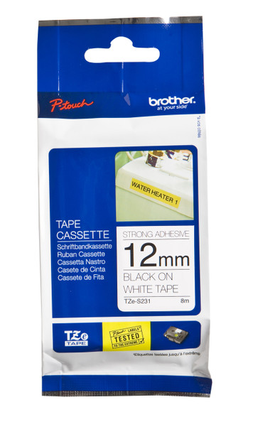 Brother TZeS231 12MM Black on White STRONG Adhesive TZ TAPE