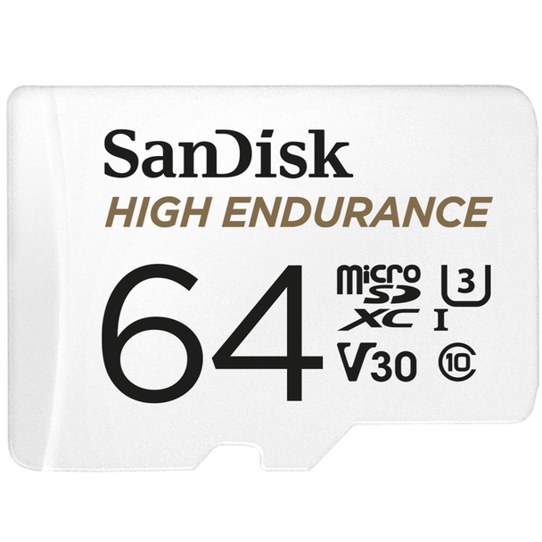 SanDisk High Endurance microSDXC Card, SQQNR 64G, UHS I, C10, U3, V30, 100MB/s R, 40MB/s W, SD adaptor, 2Y