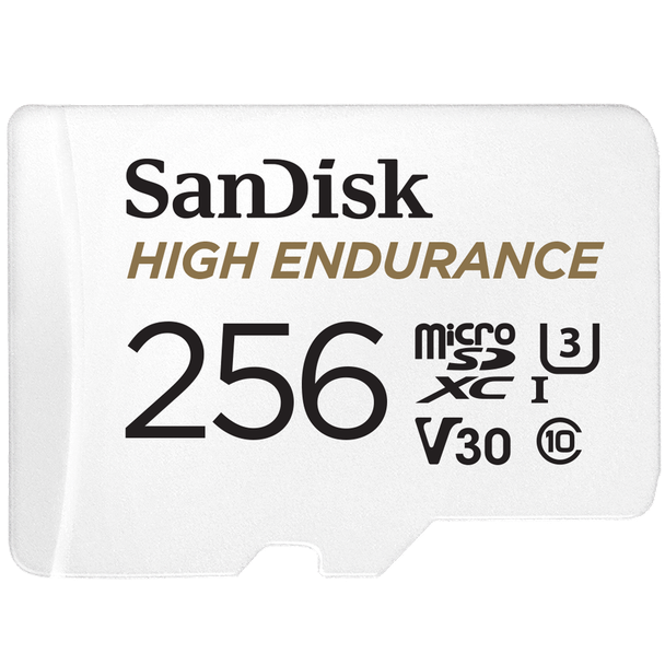 SanDisk High Endurance microSDXC Card, SQQNR 256G, UHS I, C10, U3, V30, 100MB/s R, 40MB/s W, SD adaptor, 2Y