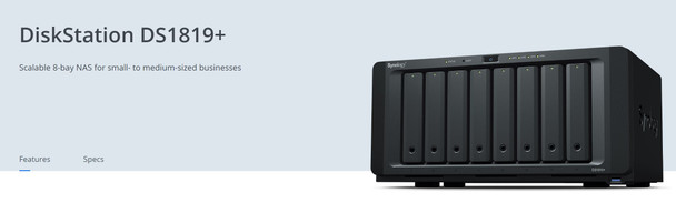 Synology DiskStation DS1819+ 8-Bay 3.5' Diskless 4xGbE NAS (Tower) , Intel Atom Quad Core 2.1GHz,4GB RAM,4xUSB3,2x eSATA, Scalable.3 year Wty