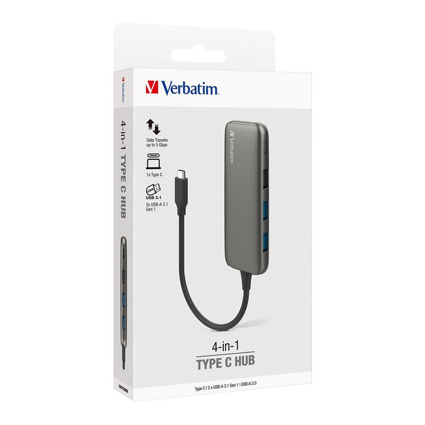 Verbatim USB-C Hub  with 2x USB 3.0, 1x USB 2.0 & 1x USB C port - Space Grey