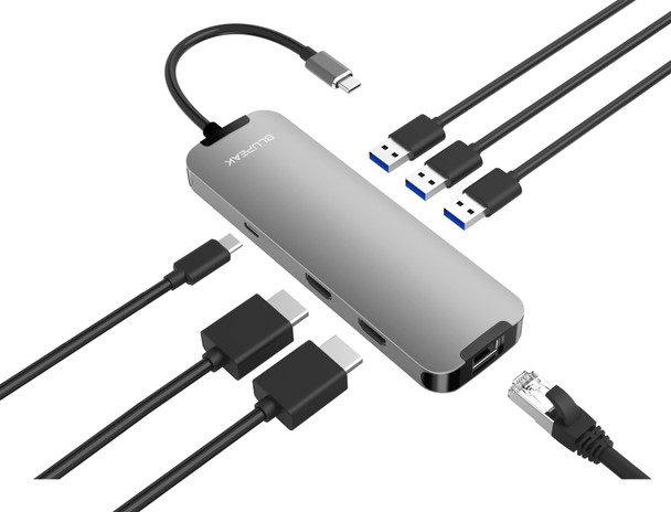 BLUPEAK USB-C MULTI-PORT HUB, 4K HDMI(2), USB3.0(2), USB-C(1), GbE(1), PD, 2YR WTY