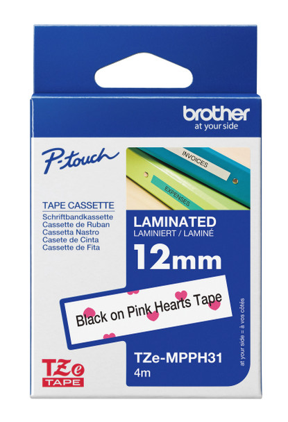 Brother TZeMPPH31 Label Tape 12MM Black on Pink Hearts Tape