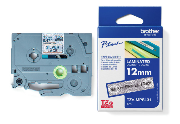 Brother TZeMPSL31 Label Tape 12mm Black on Silver Lace Tape