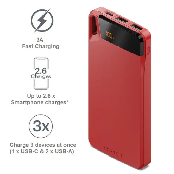 Cygnett ChargeUp Boost 4th Gen 10K mAh Power Bank -Red(CY4749PBCHE)Triple Port(Dual USB-A 15W + 1xUSB-C 15W)