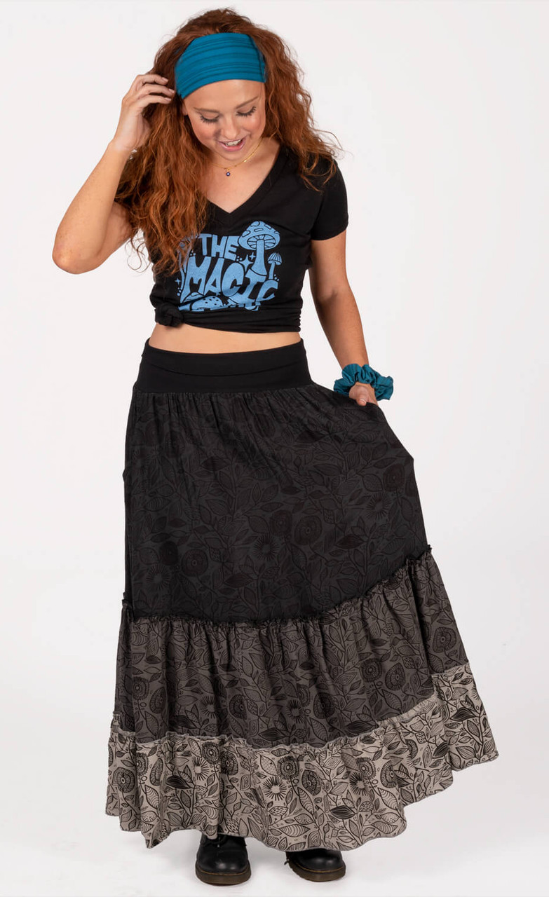 Long Tiered Skirt in Black Features Print
