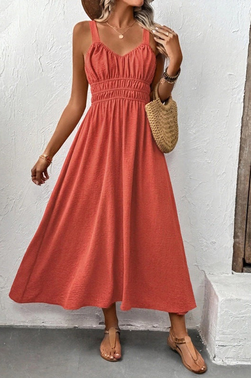 sismetry【orange】 back ribbon puff dress V-Neck Short Sleeve Maxi Dress