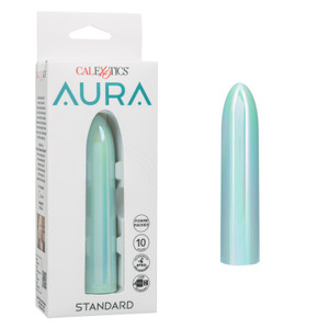 CalExotics AURA Standard mint green rechargeable vibrator with retail packaging