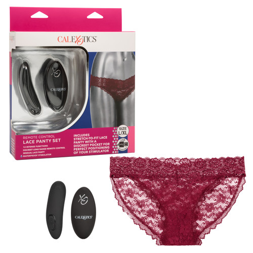 Remote Control Lace Panty Set - L/XL Burgundy