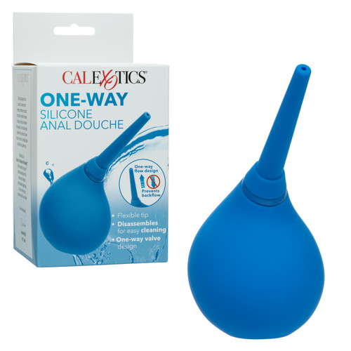 CalExotics One-Way Silicone Anal Douche with blue squeeze bulb, flexible tapered nozzle, and retail packaging