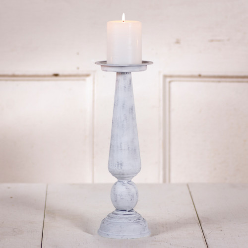 14-Inch Metal Pedestal Pillar Candle Holder in Rustic White Wash