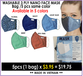 Washable 3 Ply Nano Face Mask,  Pack/5pcs - Choose Your Color