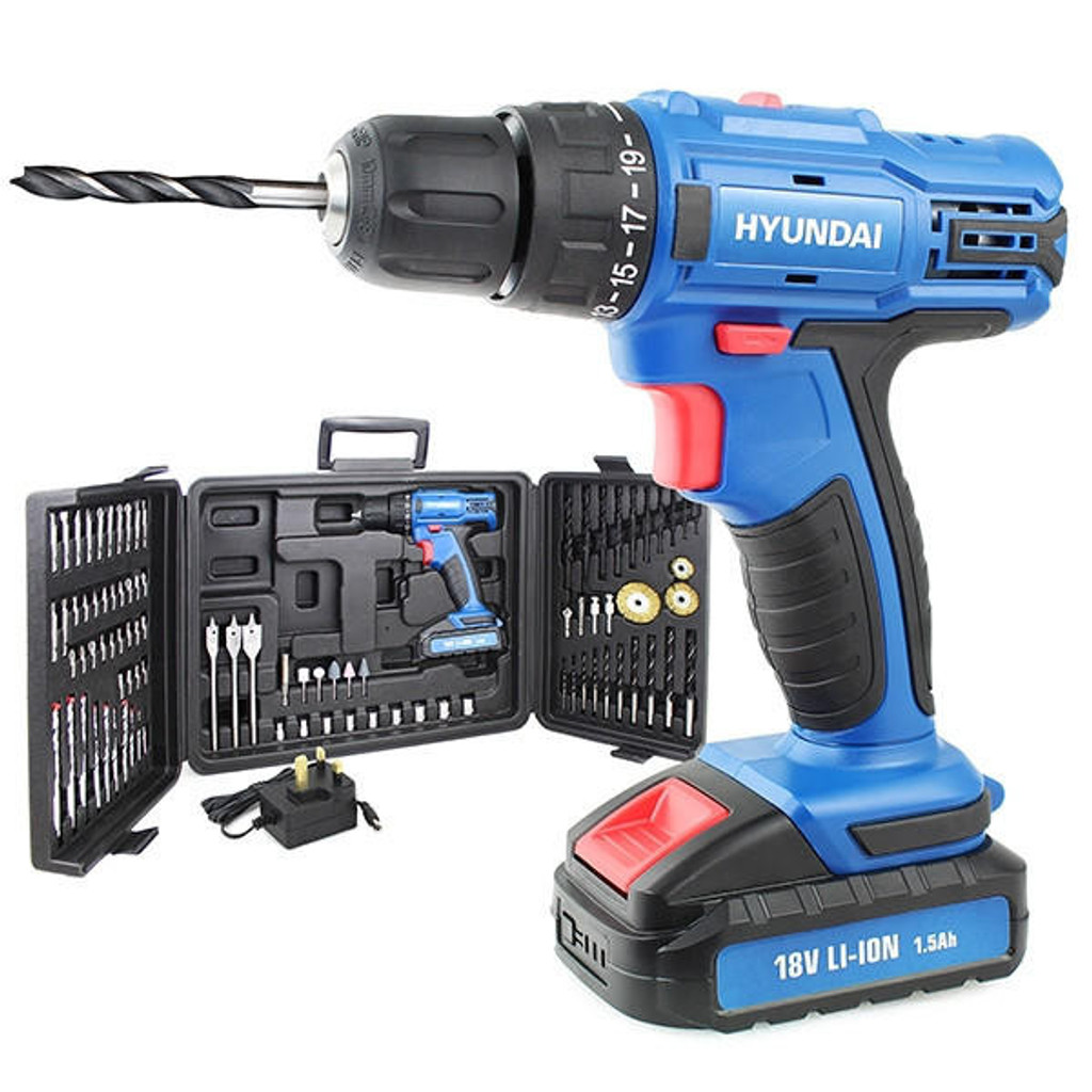 Hyundai HY2175 18v Li-Ion Cordless Drill Driver Includes 89 Drill Bit Accessories & Carry Case: REFURBISHED