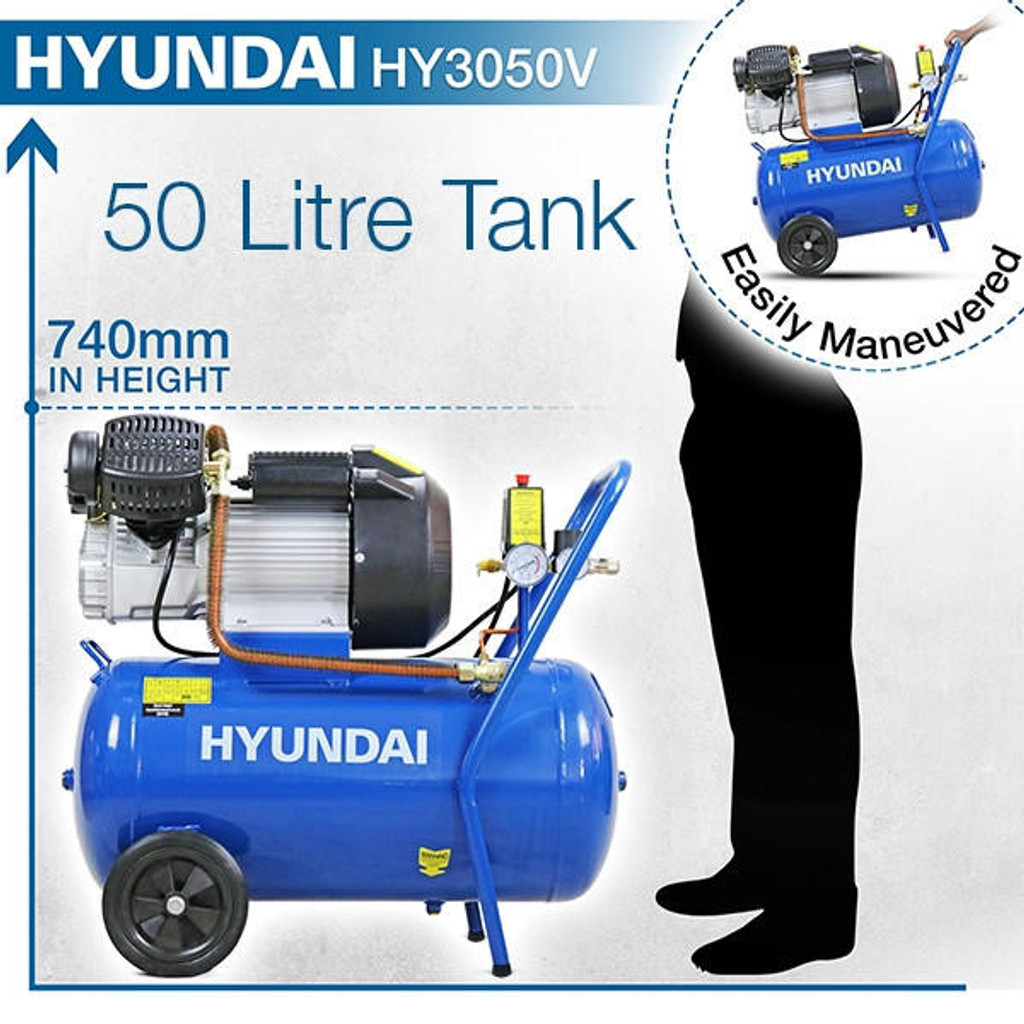 Hyundai 50 Litre Air Compressor, 14CFM/116psi, Direct Drive V-Twin, 3HP | HY3050V: REFURBISHED