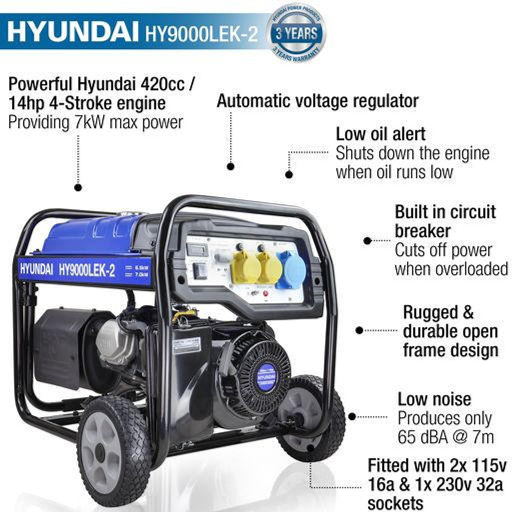 Hyundai Refurbished Hyundai HY9000LEK-2 7kW /9.4kVa Site Petrol Generator Recoil & Electric Start: REFURBISHED