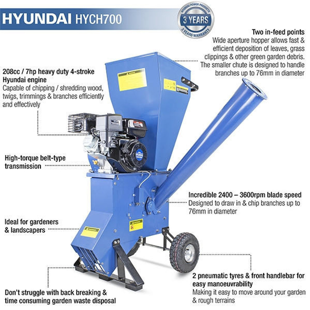 Hyundai 208cc 76mm Petrol 4-Stroke Garden Wood Chipper Shredder Mulcher | HYCH700: REFURBISHED