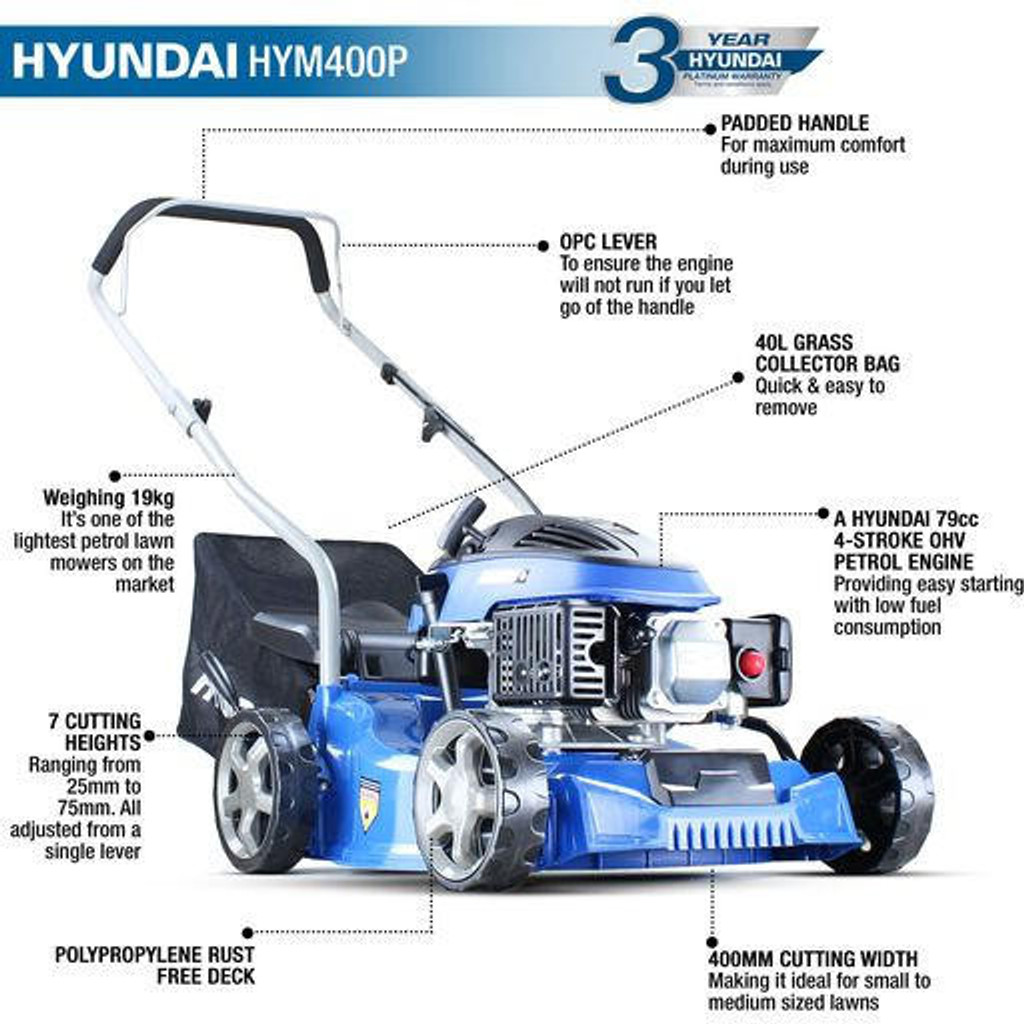 Hyundai Petrol Lawnmower 79cc 400mm Push Rotary | HYM400P: REFURBISHED