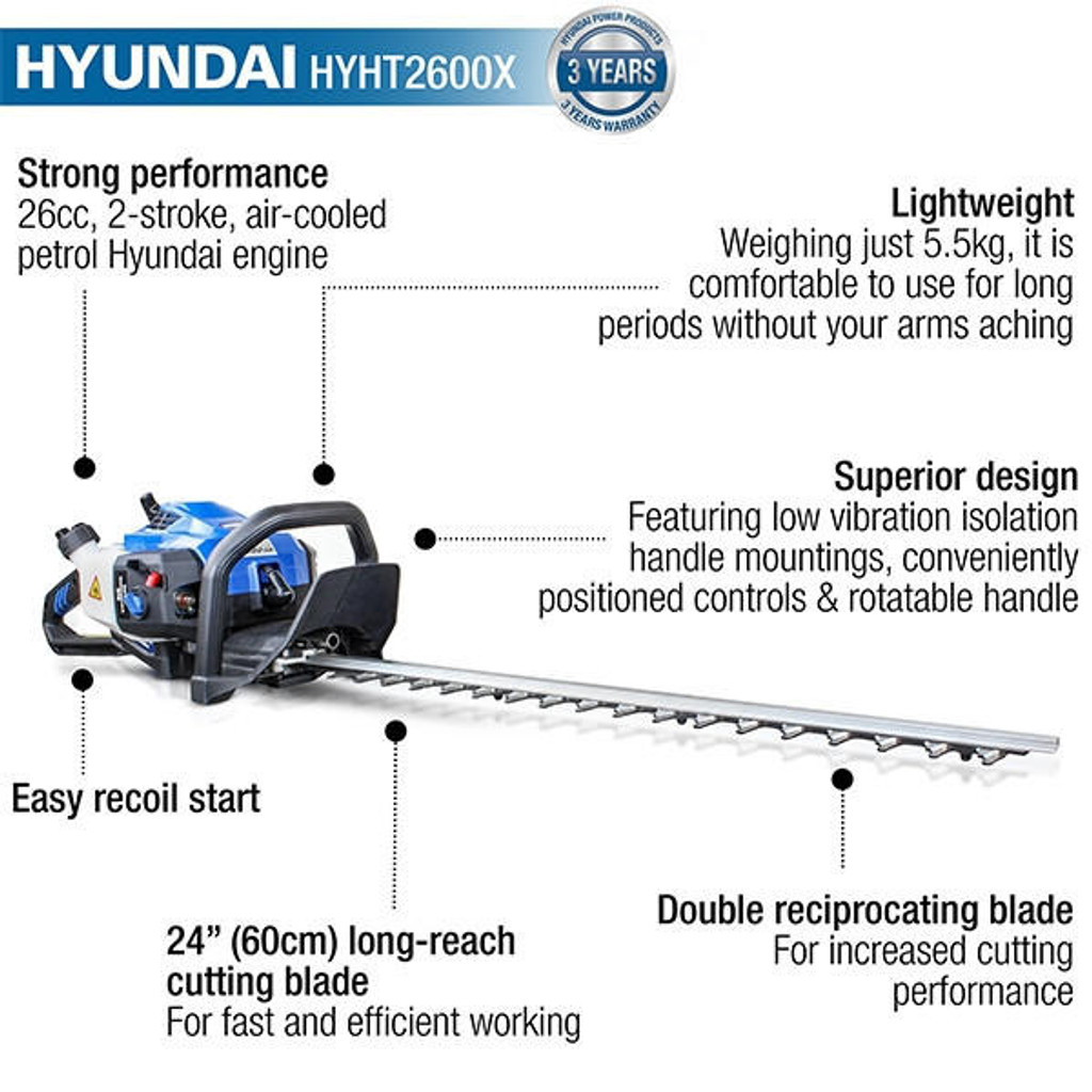 Hyundai Petrol Hedge Trimmer/Pruner, 26cc 2-stroke Easy-Start, Lightweight and Anti-Vibration, 24 (60cm) Blade by Hyundai | HYHT2600X: REFURBISHED