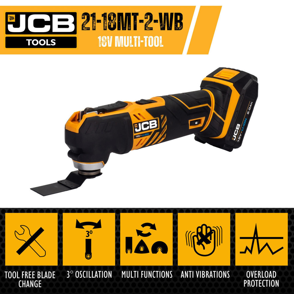 jcb tools JCB 18V Battery Multi-Tool with 2x 2.0ah Batteries in W-Box 136 Power Tool Case | 21-18MT-2-WB