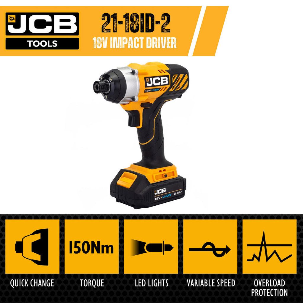 jcb tools JCB 18V Impact Driver with 2.0Ah Lithium-ion battery and 2.4A charger | 21-18ID-2XB