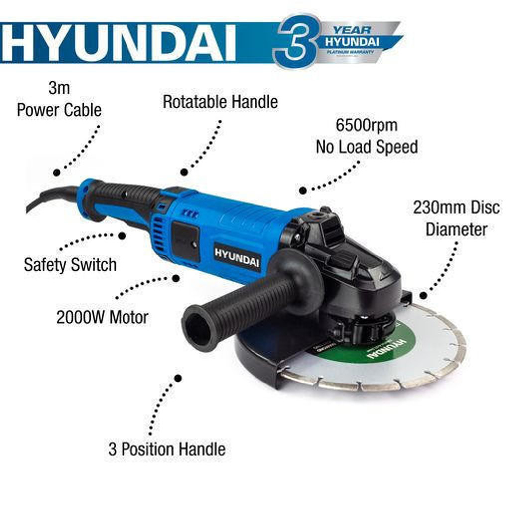 Hyundai 2000W Electric Angle Grinder | HYAG2000E: REFURBISHED