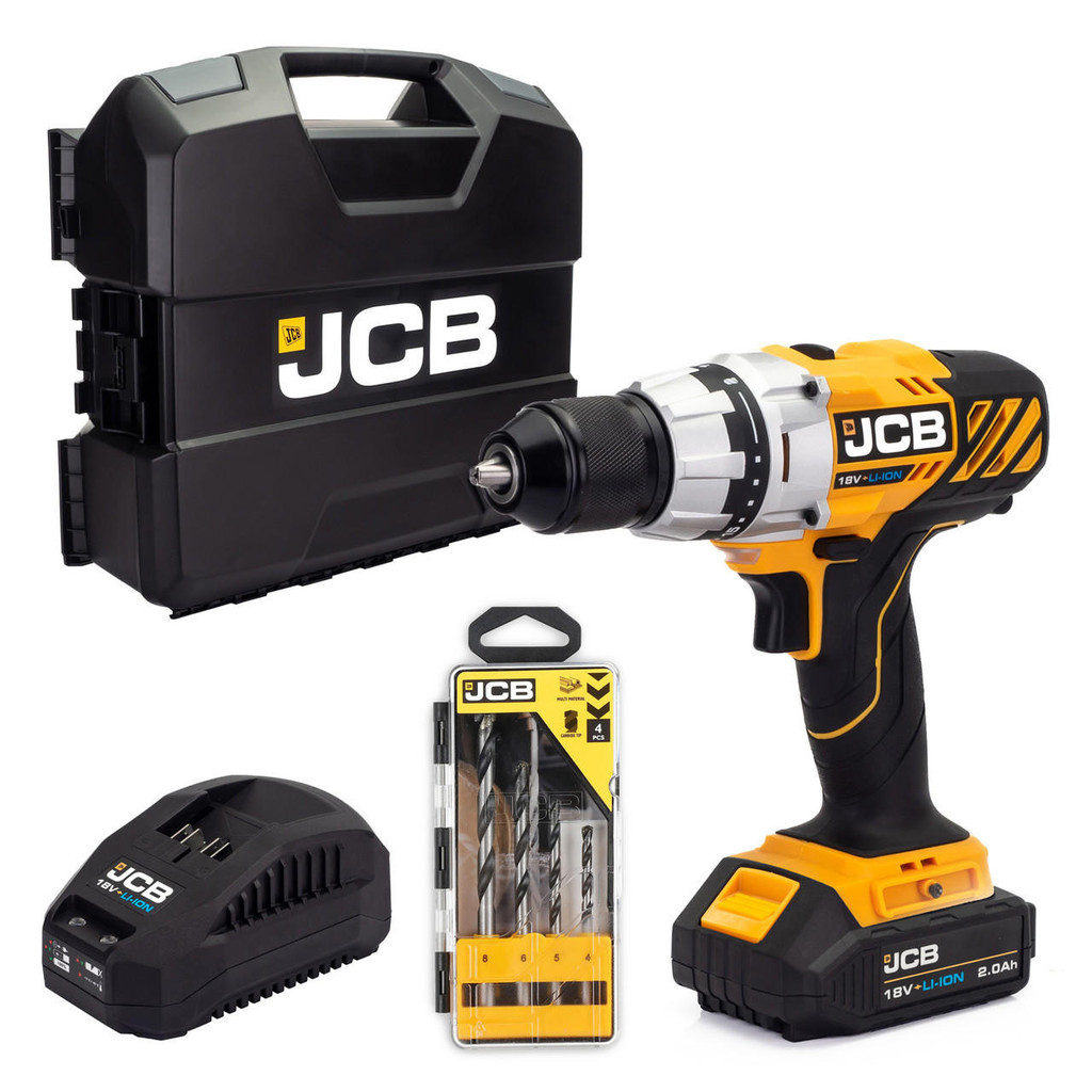 jcb tools JCB 18V Brushless Drill Driver 1x 2.0Ah battery and 2.4A fast charger with 4pc multipurpose drill bit set in W-Boxx 136 | 21-18BLDD-2X-WB