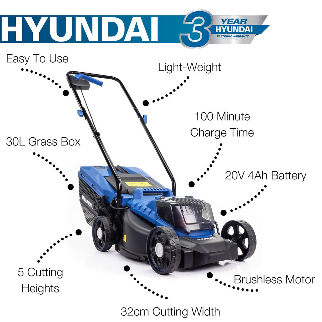 Hyundai 12.6"/32cm Cordless 20V MAX 4Ah Li-Ion Battery Hand Push Lawnmower | HY2193