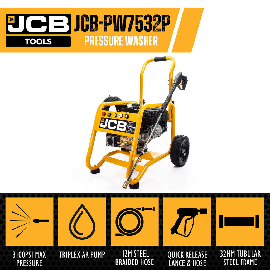 jcb tools JCB Petrol Pressure Washer 3100psi / 213bar, 7.5hp JCB engine, Triplex AR pump, 10.7L/min flow rate | JCB-PW7532P