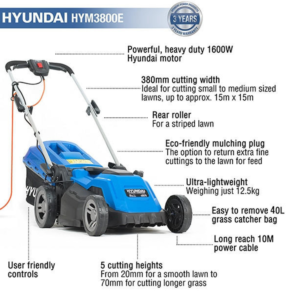 Hyundai HYM3800E Electric 1600W / 230V 38cm Rotary Rear Roller Lawnmower