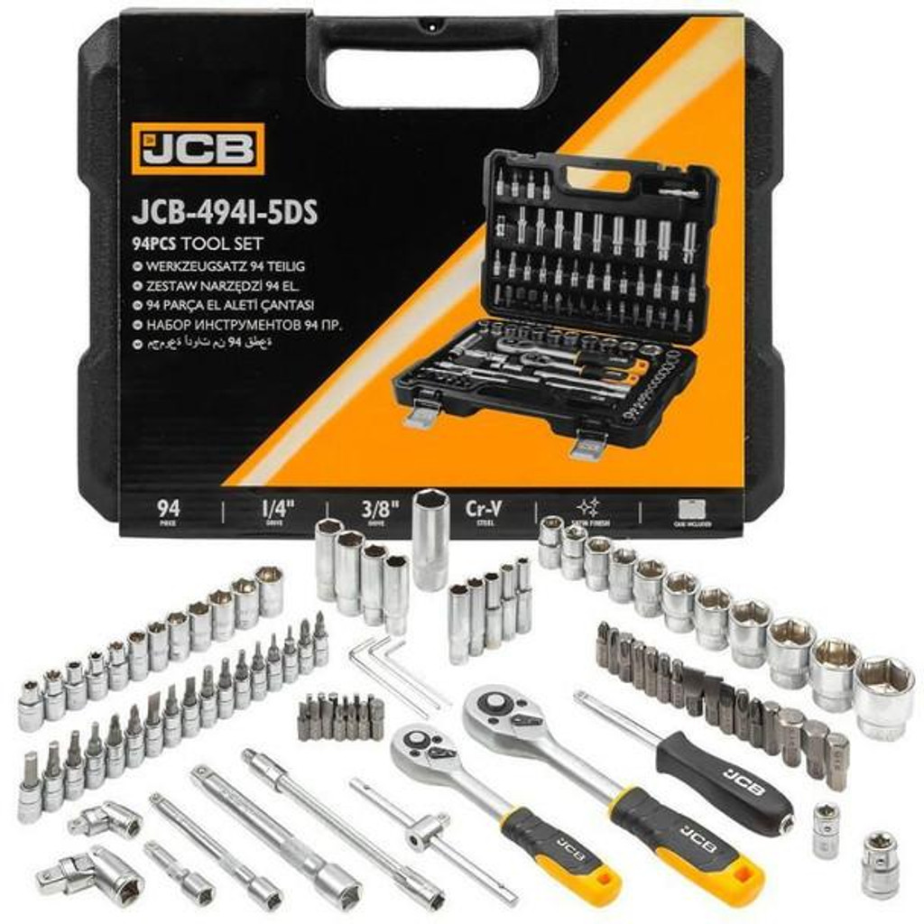Made of heavy-duty chrome-vanadium steel, the set includes sockets, bits, ratchets, extensions, and other essential tools