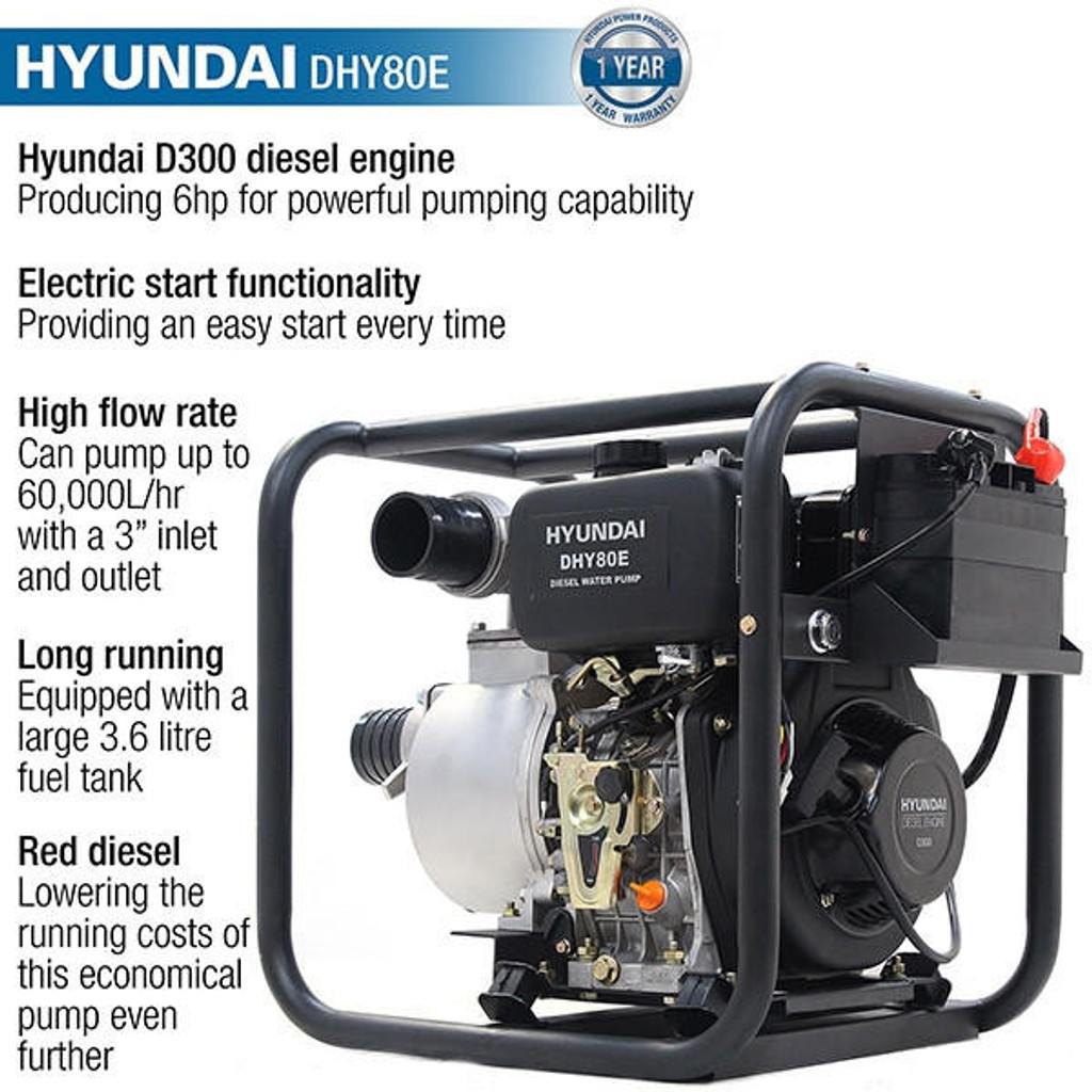 Hyundai DHY80E 80mm 3&quot; Electric Start Diesel Water Pump