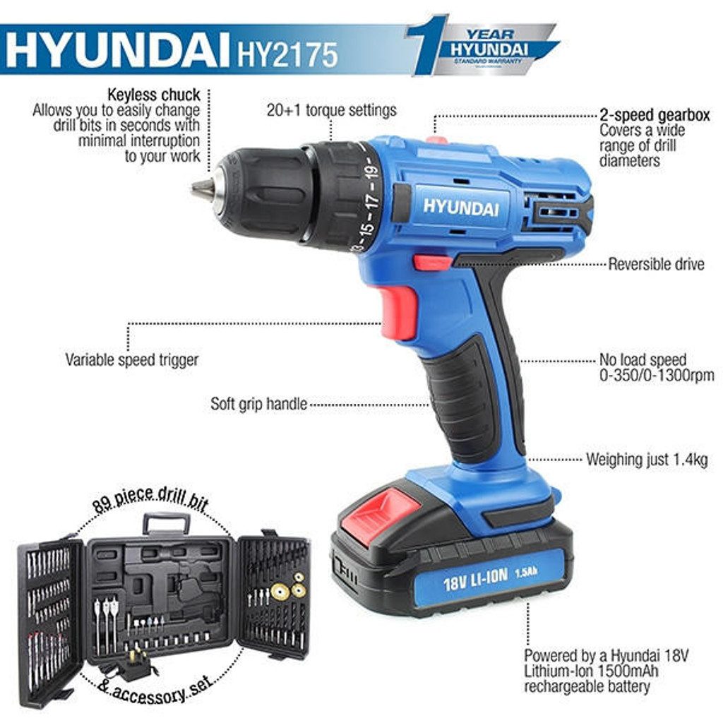 Hyundai HY2175 18v Li-Ion Cordless Drill Driver Includes 54 Drill Bit Accessories & Carry Case