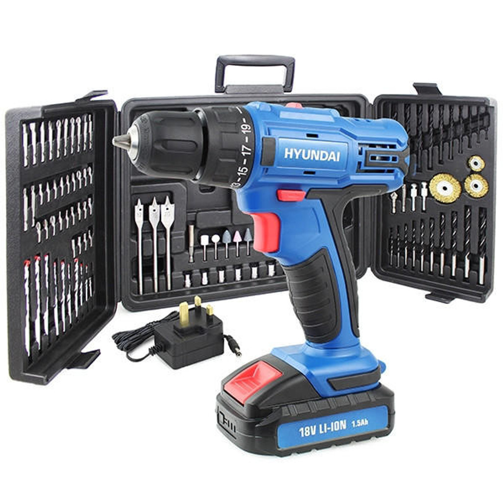 Hyundai HY2175 18v Li-Ion Cordless Drill Driver Includes 54 Drill Bit Accessories & Carry Case