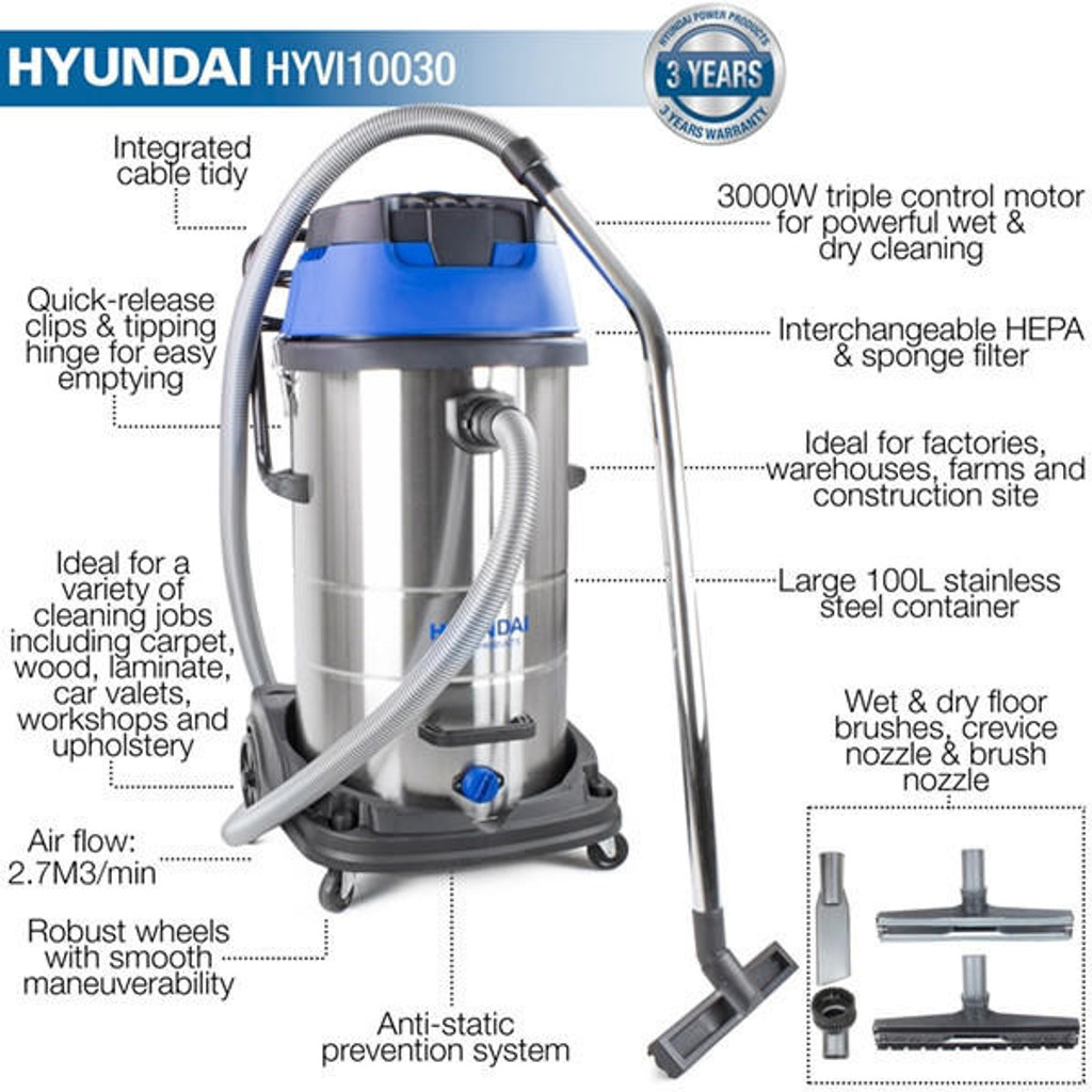 Hyundai HYVI10030 3000W 3 IN 1 Wet & Dry Electric HEPA Filtration Vacuum Cleaner