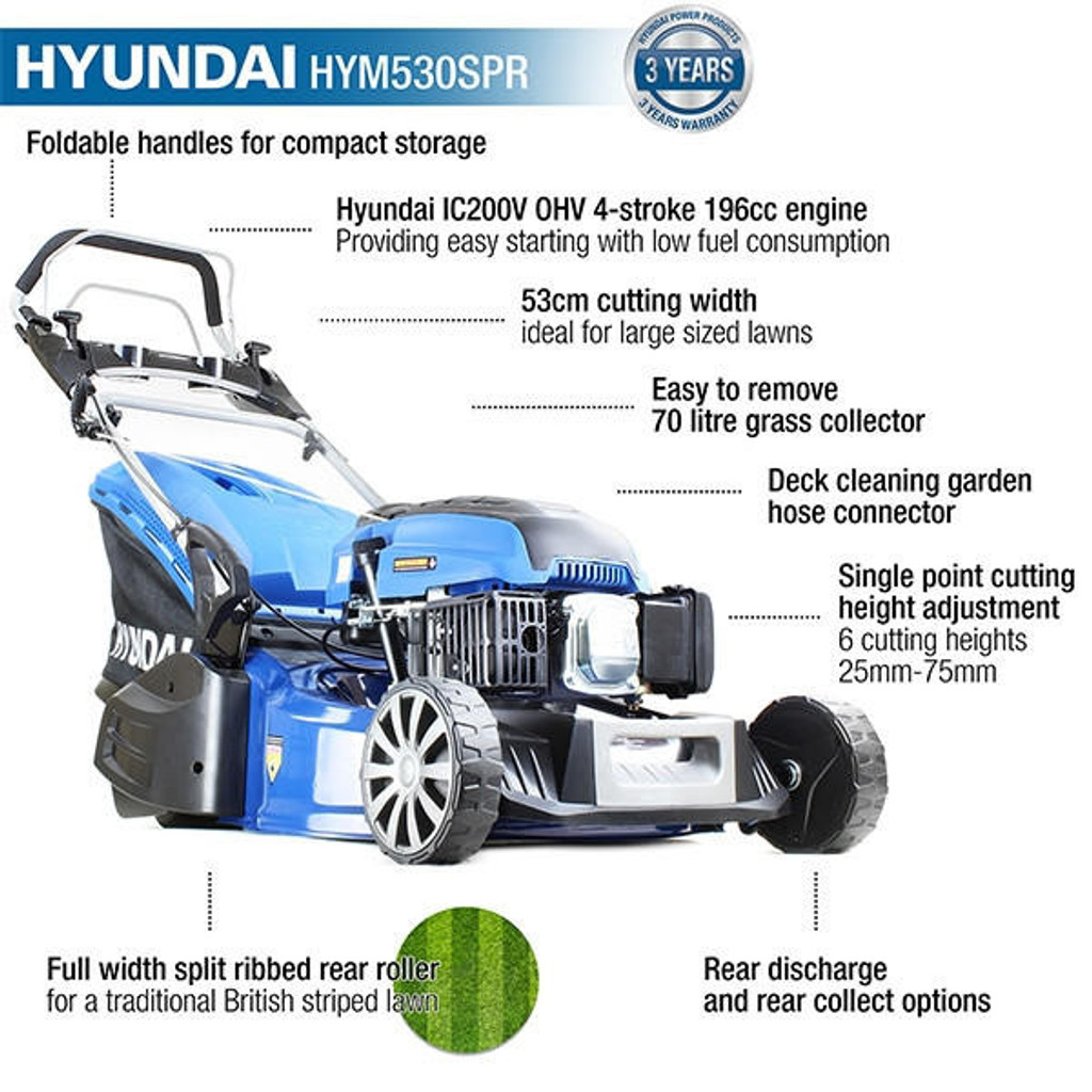 Hyundai 21"/53cm 196cc Self-Propelled Petrol Roller Lawnmower | HYM530SPR