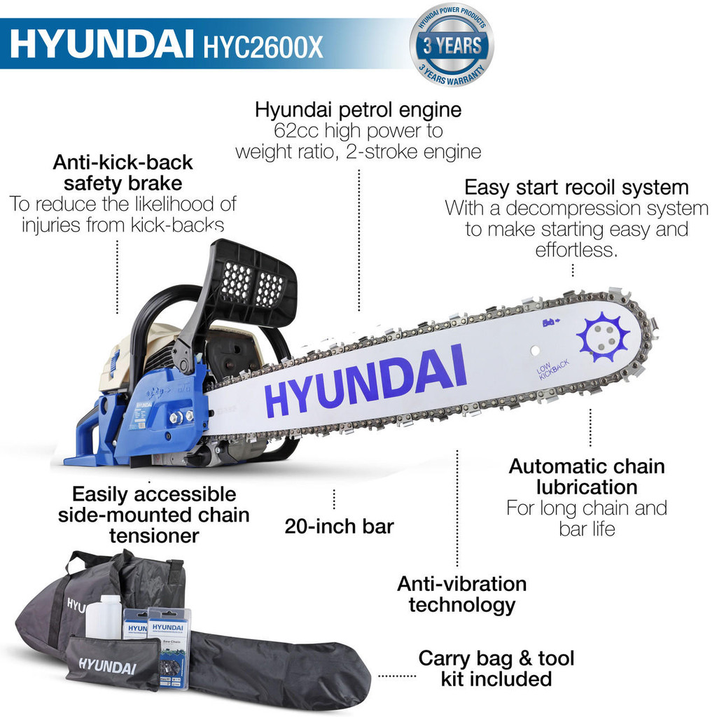 Hyundai 62cc 20” Petrol Chainsaw, Easy-Start 2-Stroke | HYC6200X