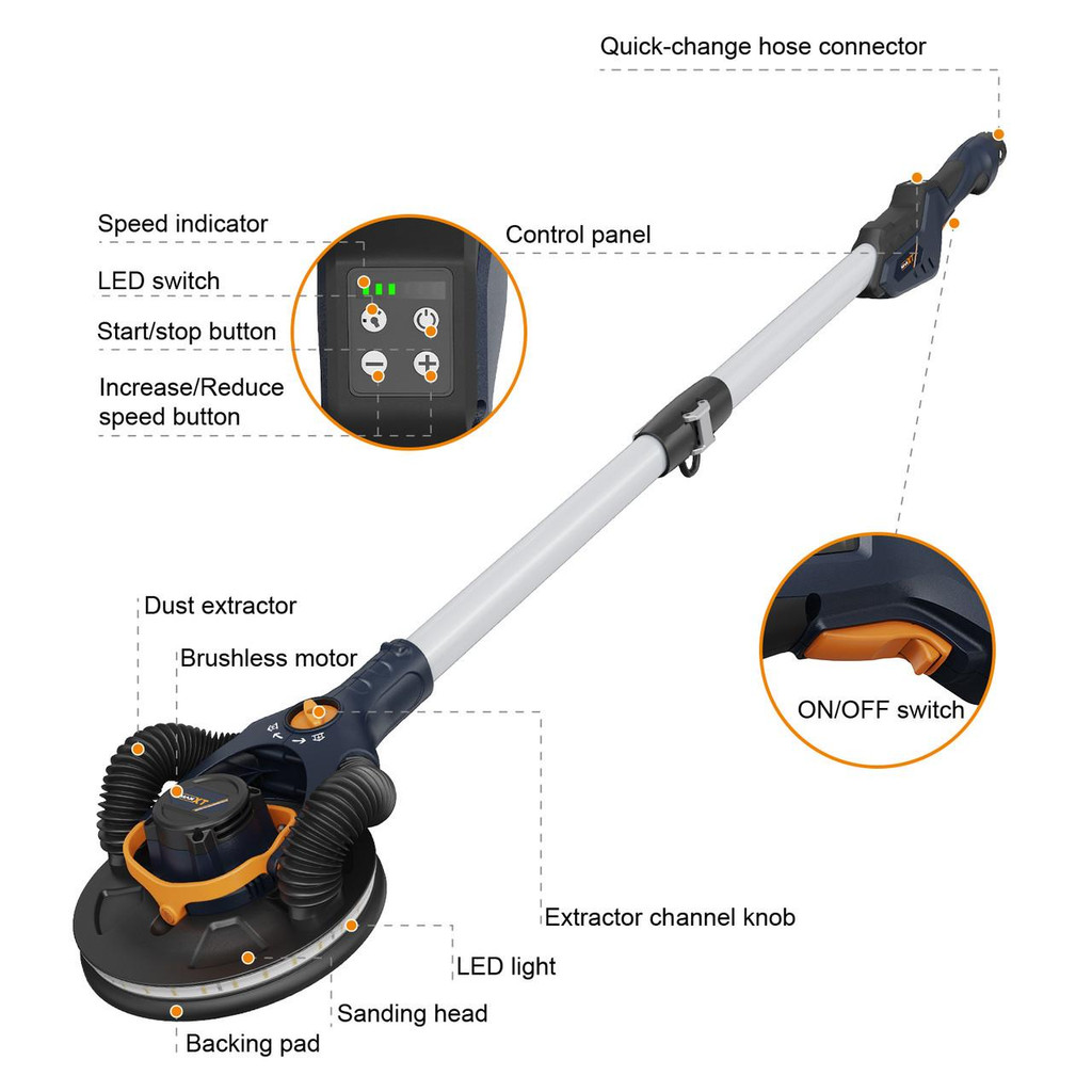 MAXXT Brushless Orbital Drywall Sander, 4mm Orbit , 400W, 215mm Pad , 1.65m Extension Pole  | MBLS400FB-UK