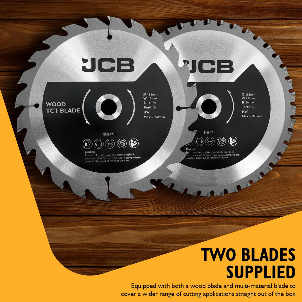 JCB Pro 18V Circular Saw 185mm, 65mm Cut Depth, Aluminium Base, Incl. 2 Blades (Bare Tool) | JCB-18PCS-185