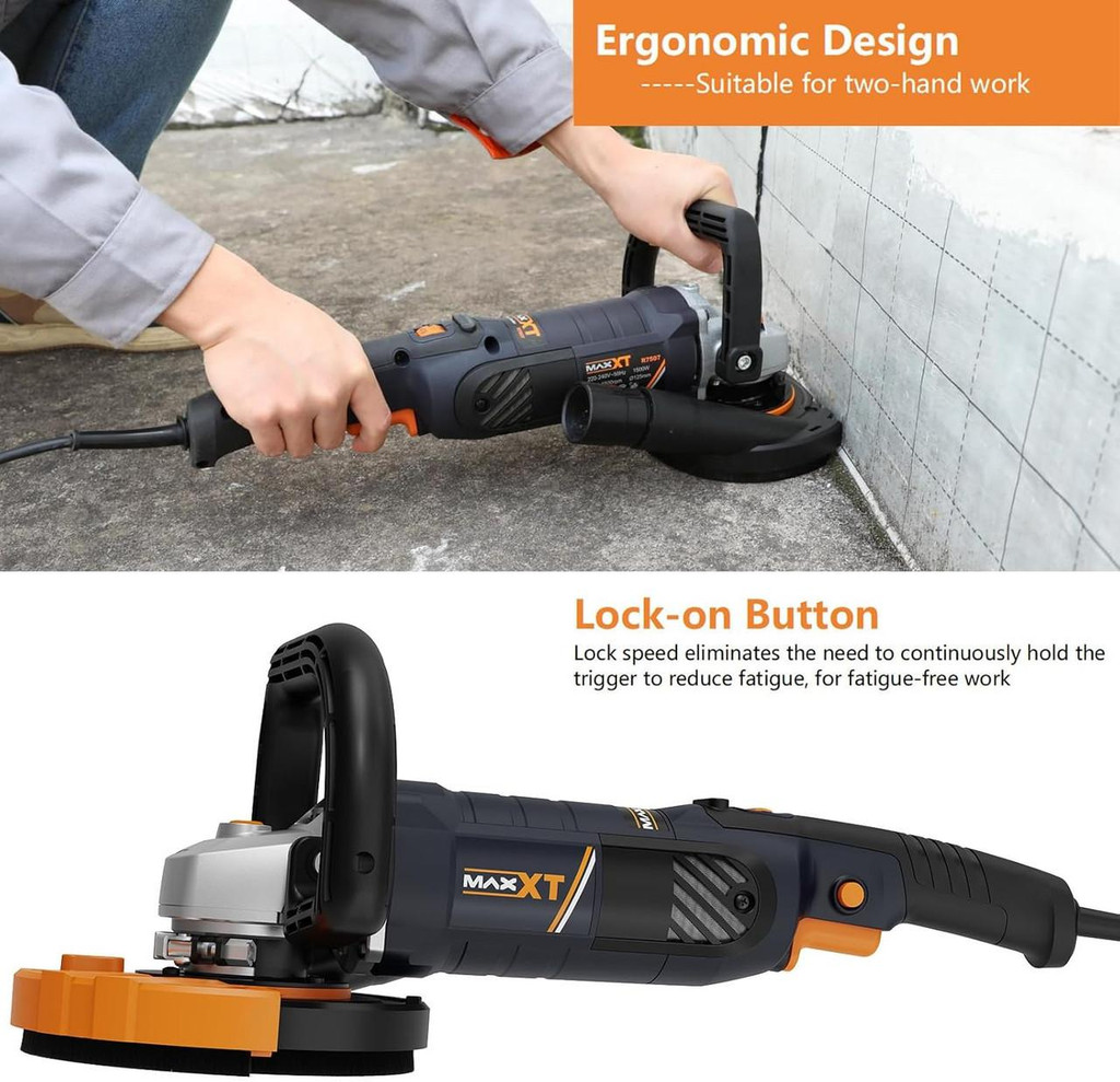 MAXXT 1500W Concrete Grinder Sander, 1000–8500RPM, 7 Variable Speeds, 125mm Discs, Removable Guard, 2 Diamond Grinding Wheels | R7507-UK1