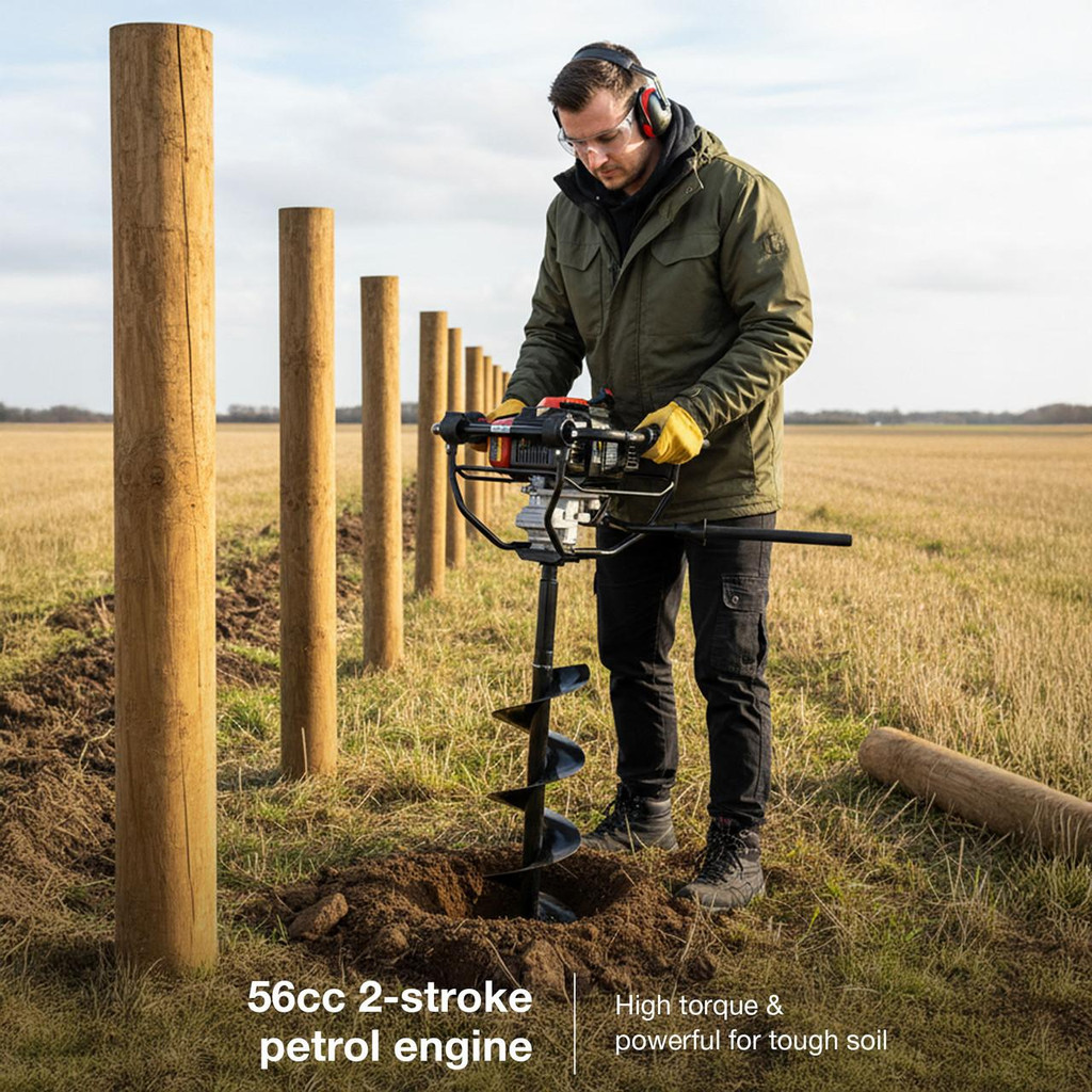 P1 56 cc Petrol Earth Auger with Brake System Post Hole Borer and Ground Drill - 100, 150 & 200mm | P1-EA560BR