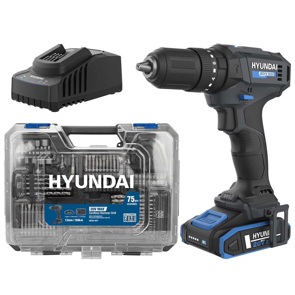 Hyundai 20V 50Nm Cordless Hammer Drill, 2-Speed, 13 mm Chuck LED Light and 75 Piece Accessory Kit in Carry Case | HD20S-50TT