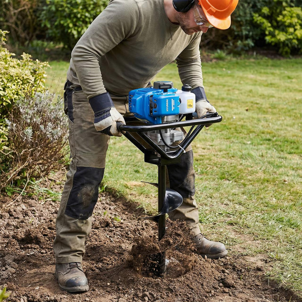 Hyundai 56cc Petrol Earth Auger with Brake, 3 Drill Bits (100mm, 150mm, 200mm) | HYEAB5600X