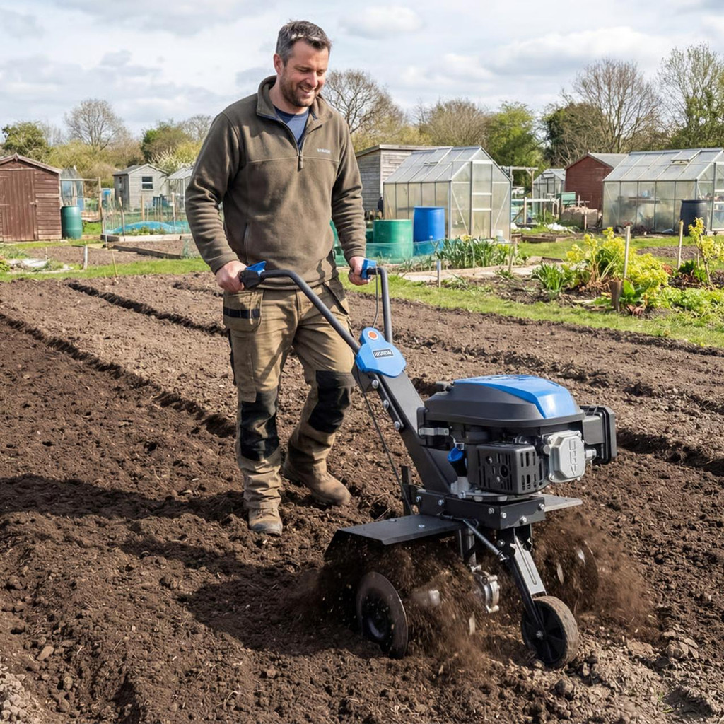 Hyundai 60cm / 24" Petrol Tiller, Electric Start, 173cc, 4 Blade Sets | HYT175EX