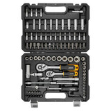 The JCB 94 Piece Tool Set, - JCB-4941-5DS is a comprehensive 1/4'' and 3/8'' Socket and Bit Set for repair and maintenance tasks, from automotive servicing to construction projects.