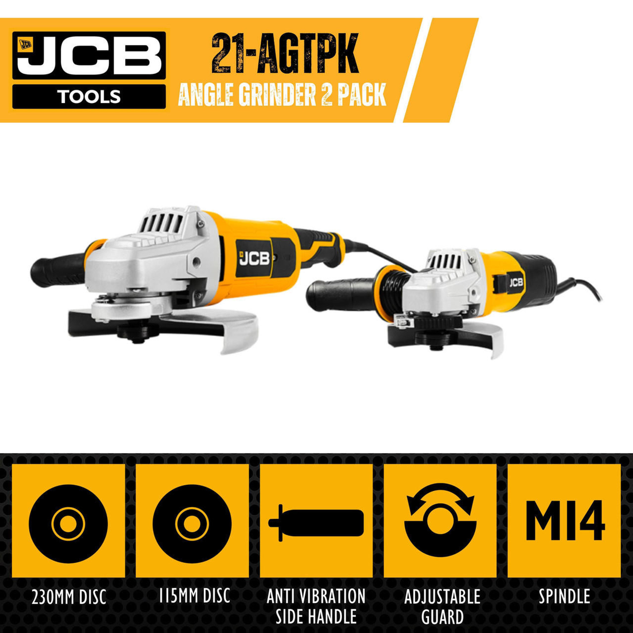 JCB Corded Electric Angle Grinder Twin Pack 115mm 230mm 21 AGTPK